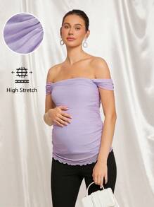 MaterniChic Maternity Off-Shoulder Fitted T-Shirt For Baby Shower Party, Summer - Purple - View 1