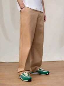 Manfinity Roghcode Pantalones rectos informales de unicolor con bolsillos para hombres - Caqui - Ver 7