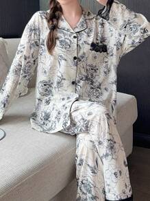 2pcs/Set Lace Trim Contrast Color Long Sleeve Top & Pants Pajama Set, Two Pieces Set, Fall Clothes