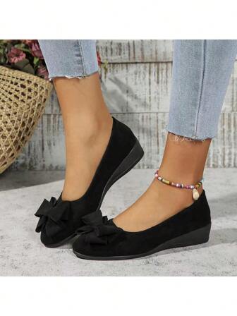Women Retro Elegant Faux Suede Bow Decor Wedge Heel Round Toe Casual Slip-On Flats, Solid Color