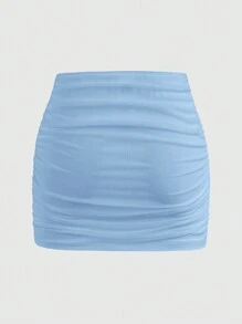 SHEIN EZwear Váy mini ôm sát hai lớp lưới màu trơn dành cho nữ - Màu xanh lam - Xem 2