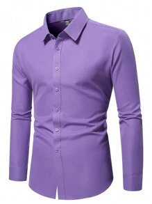 Manfinity Mode Men's Plain Button-Up Long Sleeve Formal Shirt, Simple And Mature Style, Lavender Dress Shirt Men, Men's Purple Button-Down Shirt, Fall - Purple - View 3