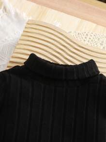 女婴 2 件/套 性别中性百搭高领保暖衬里长袖毛衣针织衫和纯色套头衫，黑色和灰色