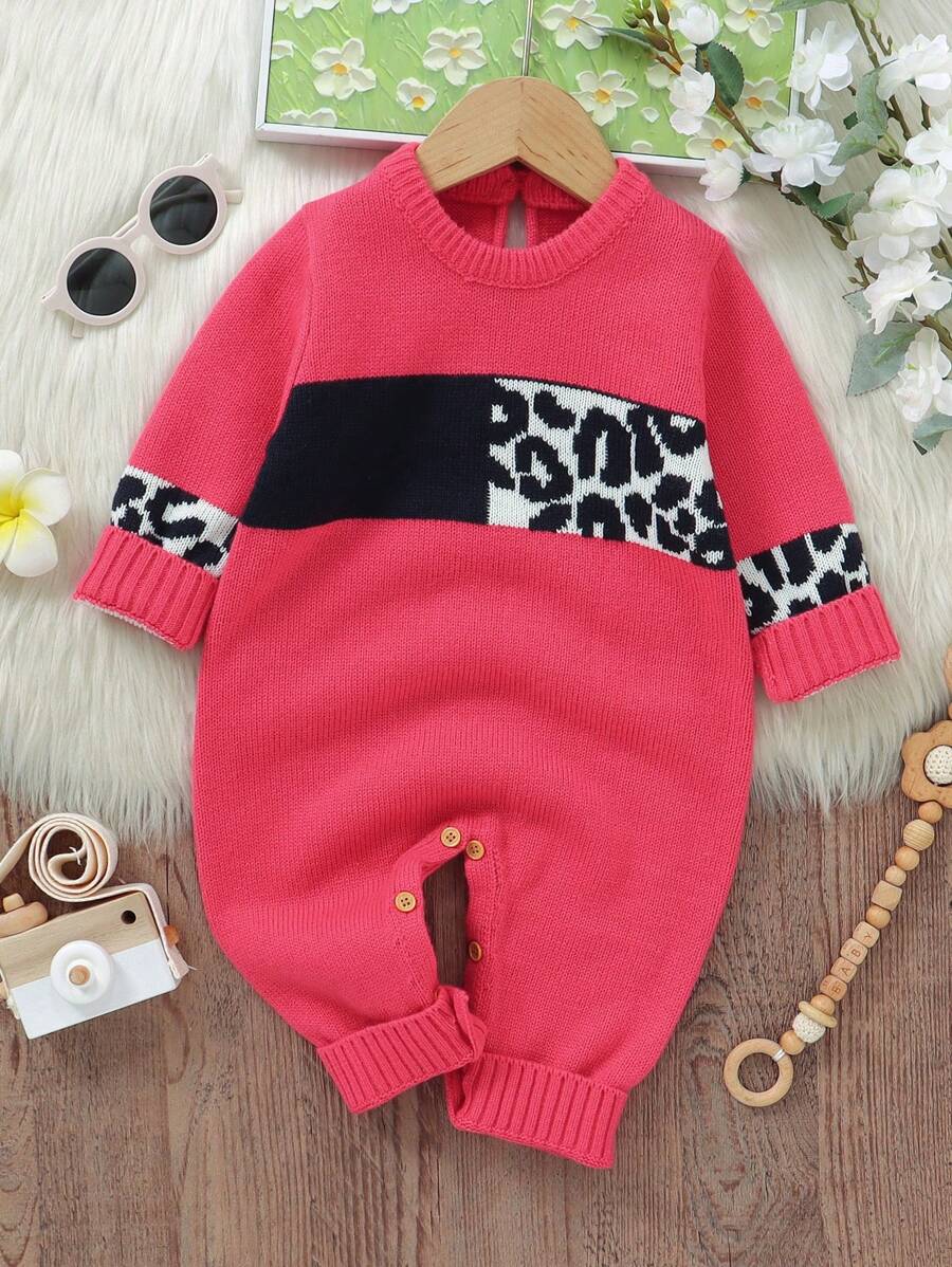 1pc Fashion Fuchsia Baby Girl Leopard Intarsia Knitted Romper, Long Sleeve Crew Neck All-In-One Outfit With Drop Seat For Easy Dressing - Hot Pink - View 1