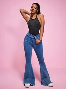 Easithlete Backless Rhinestone Embellished Halterneck Sports Bodysuit