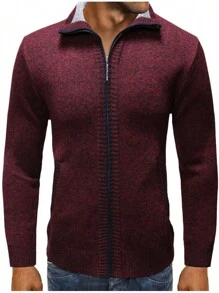 Men's Fitted Zip-Up Thermal Lined Knitted Cardigan With Pockets - Burgundy - View 1