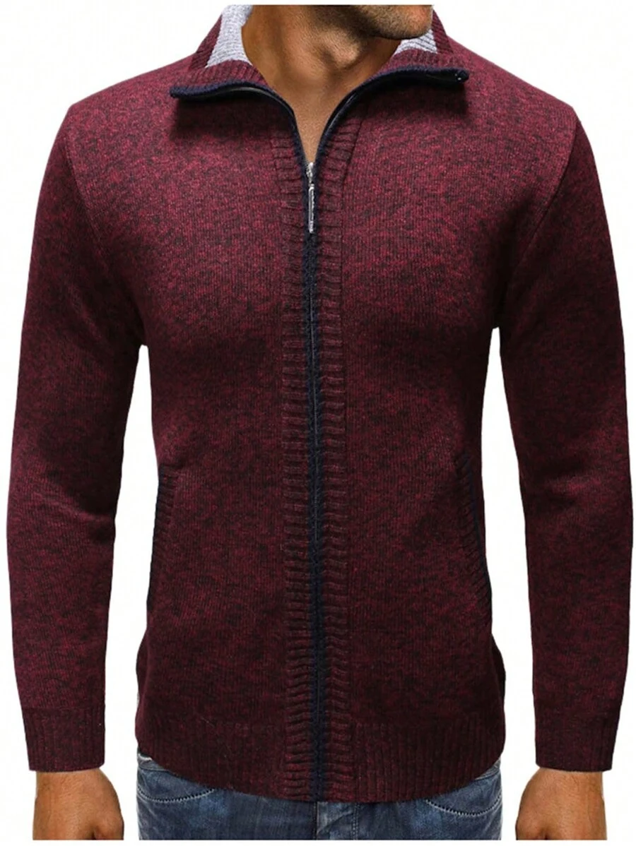 Men's Fitted Zip-Up Thermal Lined Knitted Cardigan With Pockets - Burgundy - View 1