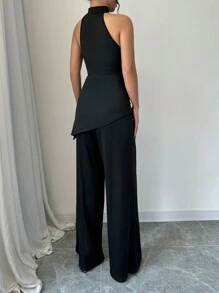 Elenzga 2 件套纯色不对称下摆无袖上衣和直腿裤