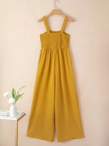 Acelitt 女士纯色方领褶裥拼接口袋休闲度假宽松阔腿无袖连体裤，夏季 - 黃色 - 查看 7