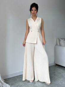 Elenzga Lapel Neck Pleated Wide Leg Jumpsuit - Apricot - View 3