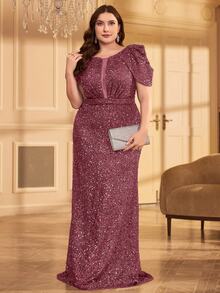 女士圆领褶皱修身优雅迷人长款亮片连衣裙 - 粉色 - 查看 3