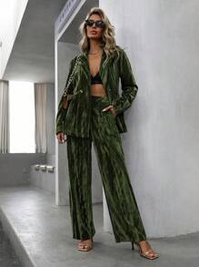 Aveloria Modichic 女士优雅天鹅绒褶皱金属纽扣西装套装、长袖上衣和休闲裤节日派对服装 - 綠色 - 查看 5