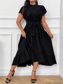 SHEIN Unity Plus Ruffle Trim Belted Dress Maxi Women Outfit - Black - View 6