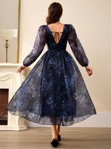 Aveloria Rosie 随机精致甜心领欧根纱花卉印花透明泡泡袖溜冰裙节日派对生日正式场合礼服