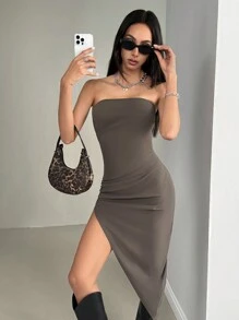 SHEIN X  Ignacia Antonia GENKIRA Vestido mini ceñido sin tirantes de con bajo asimétrico fruncido y abertura ultra alta, sexy y que estiliza la figura - Café - Ver 5
