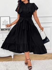 SHEIN Unity Plus Ruffle Trim Belted Dress Maxi Women Outfit - Black - View 7