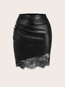 Gownix Women's Ruched Lace & Faux Leather Patchwork Skirt,Black,Autumn,Elegant,Date Night Fashion Halloween Prom Bachelorette Outfits Fall Clothes - Black - View 2