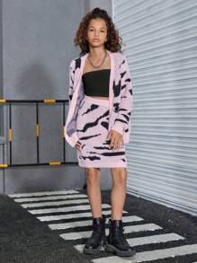 SHEIN Explorewe 2pcs/Set Tween Girls Zebra Print Cardigan Sweater + Mini Skirt - Pink - View 5