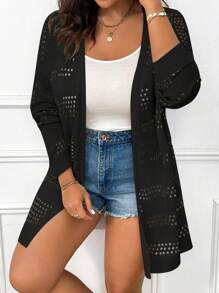 Plus Size Solid Color Hollow Out Casual Cardigan Fall Winter Cloth For Women Autumn - Black - View 1
