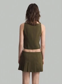 Ontre 2pcs Women's Button-Front Sleeveless Striped Blouse And Pleated Skirt Set - Army Green - View 2