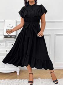 SHEIN Unity Plus Ruffle Trim Belted Dress Maxi Women Outfit - Black - View 5
