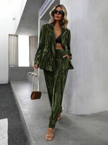 Aveloria Modichic 女士优雅天鹅绒褶皱金属纽扣西装套装、长袖上衣和休闲裤节日派对服装 - 綠色 - 查看 4