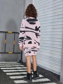 SHEIN Explorewe 2pcs/Set Tween Girls Zebra Print Cardigan Sweater + Mini Skirt - Pink - View 2