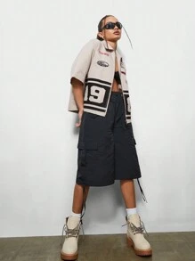 SUMWON WOMEN 朋克宽松拉链图案印花衬衫，短袖上衣 - 杏色 - 查看 5