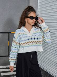 SHEIN Tween Girl 秋冬 V 领宽松针织连帽毛衣，甜美时尚休闲风格，拼色、费尔岛风和花卉印花，灯笼袖，适合居家、旅行、派对、学校、购物 - 白色 - 查看 4