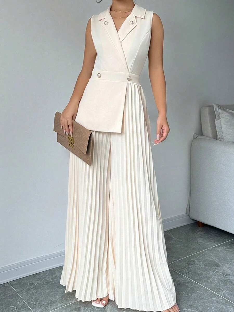 Elenzga Lapel Neck Pleated Wide Leg Jumpsuit - Apricot - View 1