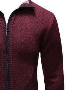 Men's Fitted Zip-Up Thermal Lined Knitted Cardigan With Pockets - Burgundy - View 3