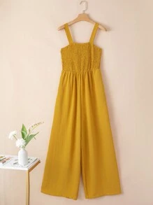 Acelitt 女士纯色方领褶裥拼接口袋休闲度假宽松阔腿无袖连体裤，夏季 - 黃色 - 查看 6