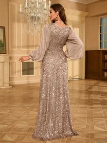 UNITHORSE Lantern Sleeve Glitter Cocktail Dress Elegant Long Sleeve Formal Evening Prom Wedding Guest Gown, For Graduation, Dinner, Bride Dress, Birthday Women Outfits, Graduation Dress,Party Dress
