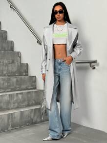 GENKIRA Chic Silver Lapel Double-Breasted PU Leather Jacket With Belt - Silver - View 6