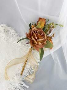 1束婚禮/伴娘用恩愛玫瑰、尤加利葉和人工花束,適用於婚禮/派對/房間裝飾禮品,浪漫優雅的秋季風格