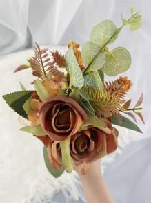 1束婚禮/伴娘用恩愛玫瑰、尤加利葉和人工花束,適用於婚禮/派對/房間裝飾禮品,浪漫優雅的秋季風格