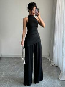 Elenzga 2 件套纯色不对称下摆无袖上衣和直腿裤