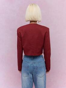 MISSGUIDED Statement Button Striped Collarless Crop Jacket Christmas - Red - View 2