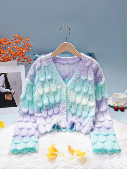 Tween Girl 时尚舒适的多色渐变针织长袖 V 领开衫，带有美人鱼鱼鳞图案，简洁、温暖、优雅、百搭、3D，适合居家、日常外出、聚会和户外活动穿着，非常适合秋冬季节