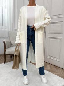 RueChic Casual Boho Cable & Rib Knit Mixed Pocket Detailed Maxi Cardigan With Hoodie - White - View 8