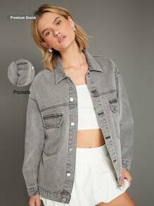 WESTFADE Premium 91% Cotton Denim Oversized Boyfriend Jacket  - Grey - View 11