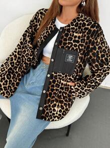 SHEIN EZwear Women Leopard Print Front Button Jacket, Autumn - Multicolor - View 4
