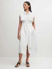 BizChic 白色宽肩带腰带单排扣宽松夏季风衣商务休闲女装 - 白色 - 查看 7