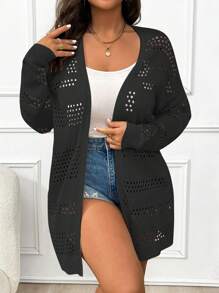 Plus Size Solid Color Hollow Out Casual Cardigan Fall Winter Cloth For Women Autumn - Black - View 3