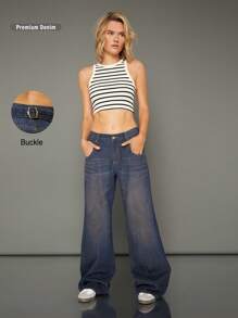 WESTFADE Jean baguette teint en denim 91% coton premium avec boucle - Bleu azur - Voir 9