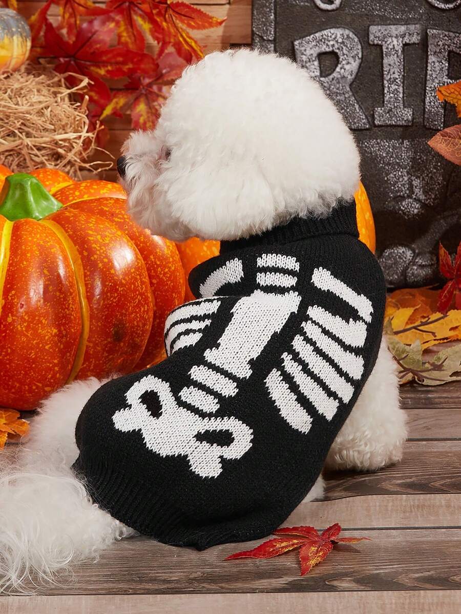 PETSIN Suéter con estampado de huesos para mascotas en Halloween - Negro - Ver 1