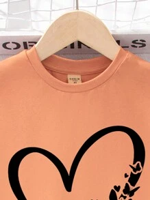 SHEIN 2 buc/Set fetiță ocazională imprimeu inimă tricou cu mânecă scurtă cu gât și pantaloni negri, haine de primăvară vară înapoi la școală - Multicolor - Vizualizare 3