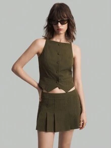 Ontre 2pcs Women's Button-Front Sleeveless Striped Blouse And Pleated Skirt Set - Army Green - View 4
