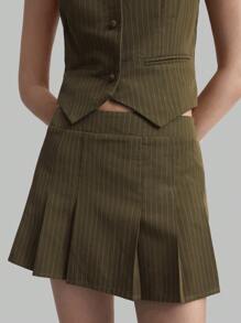 Ontre 2pcs Women's Button-Front Sleeveless Striped Blouse And Pleated Skirt Set - Army Green - View 6