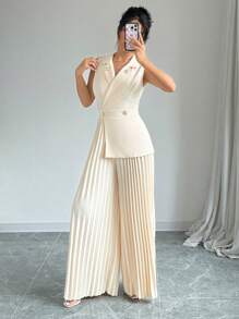 Elenzga Lapel Neck Pleated Wide Leg Jumpsuit - Apricot - View 5